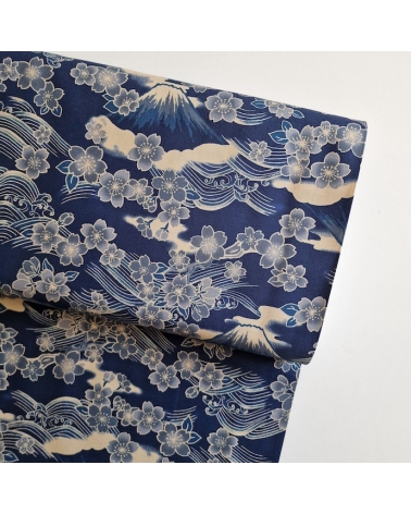 Tela japonesa "Tatoo: Fujisan to sakura" en azul.