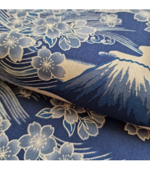 Tela japonesa "Tatoo: Fujisan to sakura" en azul.