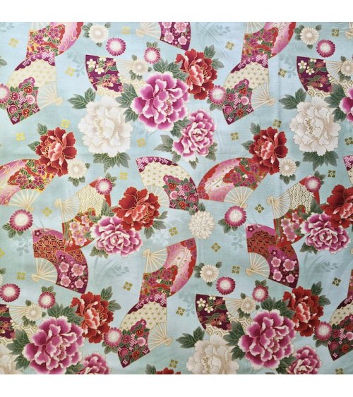 Tela japonesa "Abanicos y flores multicolores" en verde mint.