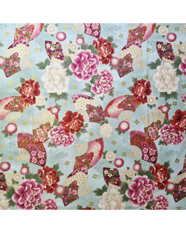 Tela japonesa "Abanicos y flores multicolores" en verde mint.