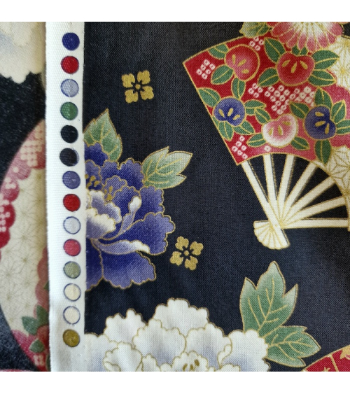 Japanese cotton fabric 'Fans and multicolor flowers' in black