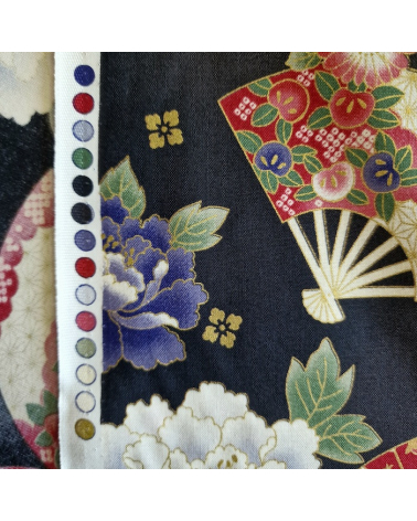 Japanese cotton fabric 'Fans and multicolor flowers' in black